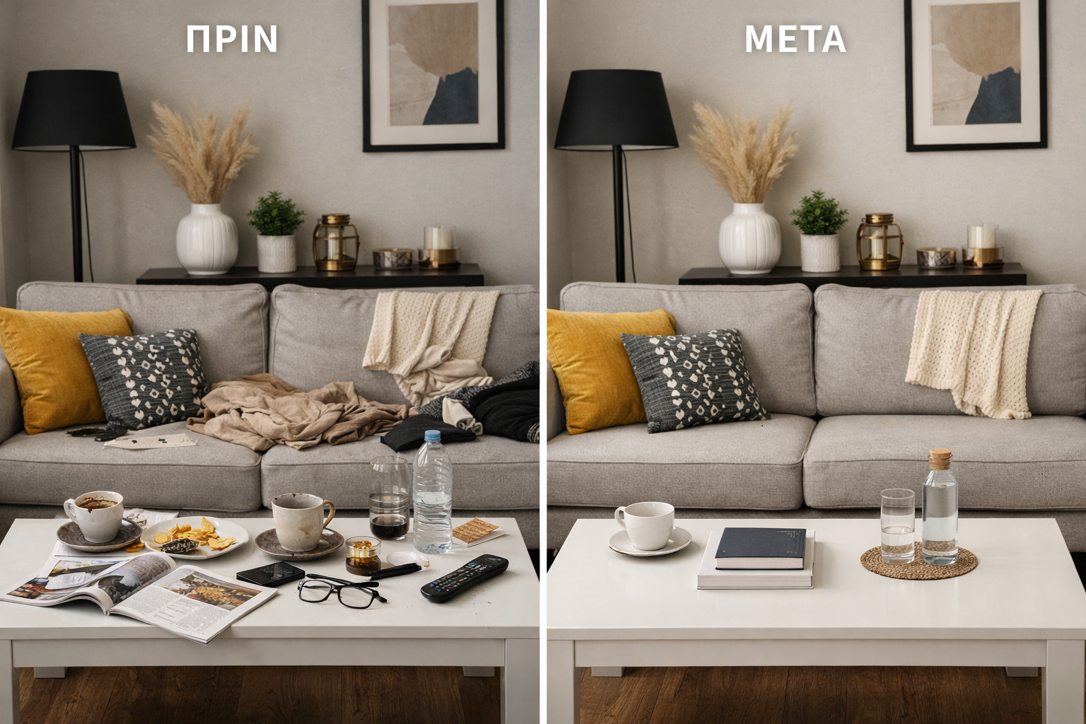 Φωτογραφία χώρου πριν και μετά τον καθαρισμό